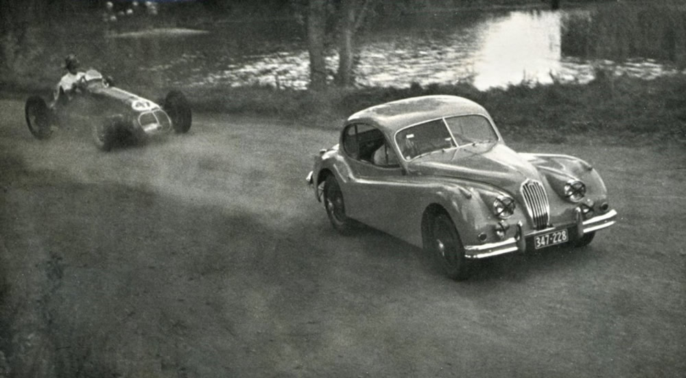 1957 Lake Bryndwr March 1957 - Frank Cantwell Jaguar XK140 FHC setting the course record, #47 Pat Hoare Maserati 4CLT/48 – photo Cantwell Collection via Phil Benvin