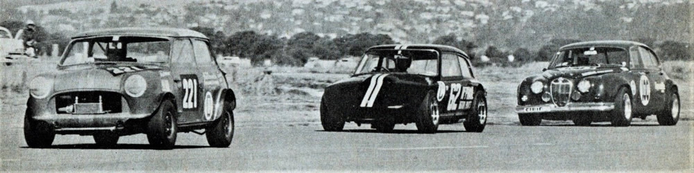 Wigram 22 Jan 72 – Lin Neilson #221 Mini Cooper S 1310cc, Ron McPhail #62 Lotus Farina, Steve Millen #100 Jaguar Mk2 3.8 - photo Motorman, March 1972
