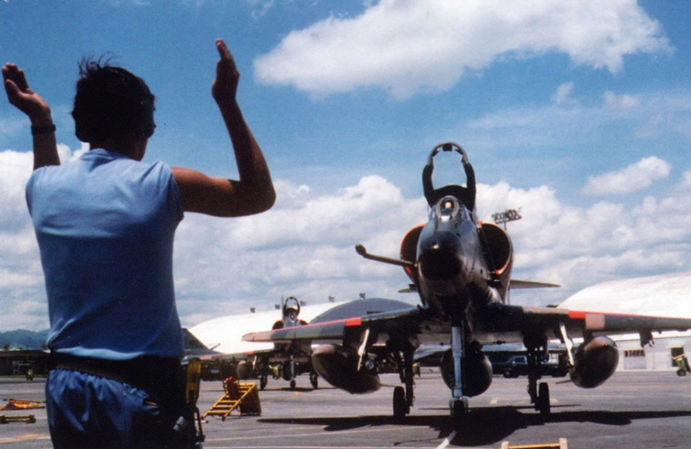 75 Sqn Skyhawks arrive at Clark AB, 5 Sep 84 – US DoD photo in book Skyhawks: The History of the RNZAF Skyhawk’ by Don Simms/Nick Lee-Frampton, pg 114