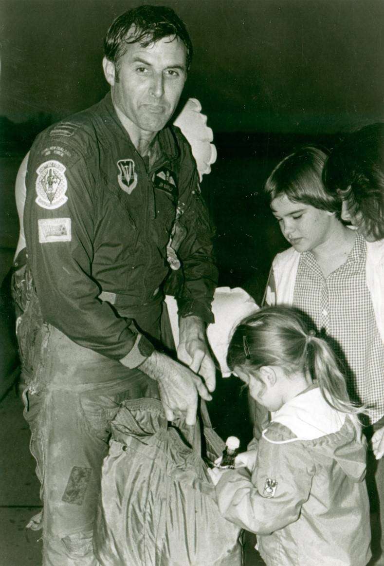 After final F4 flight, a doused Jim Barclay with floatation device inflated and daughters Steph (smallest), Nicola and Tracey (on right) Homestead AFB, Florida 26th January 1982