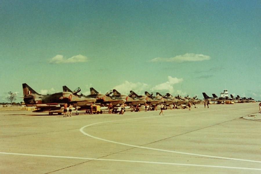 Exercise Blue Denim, RAAF Base Darwin, June 1973 - eight RNZAF 75 Squadron A4K Skyhawks and four RAF Vulcan B2 bombers – Jim Barclay photo