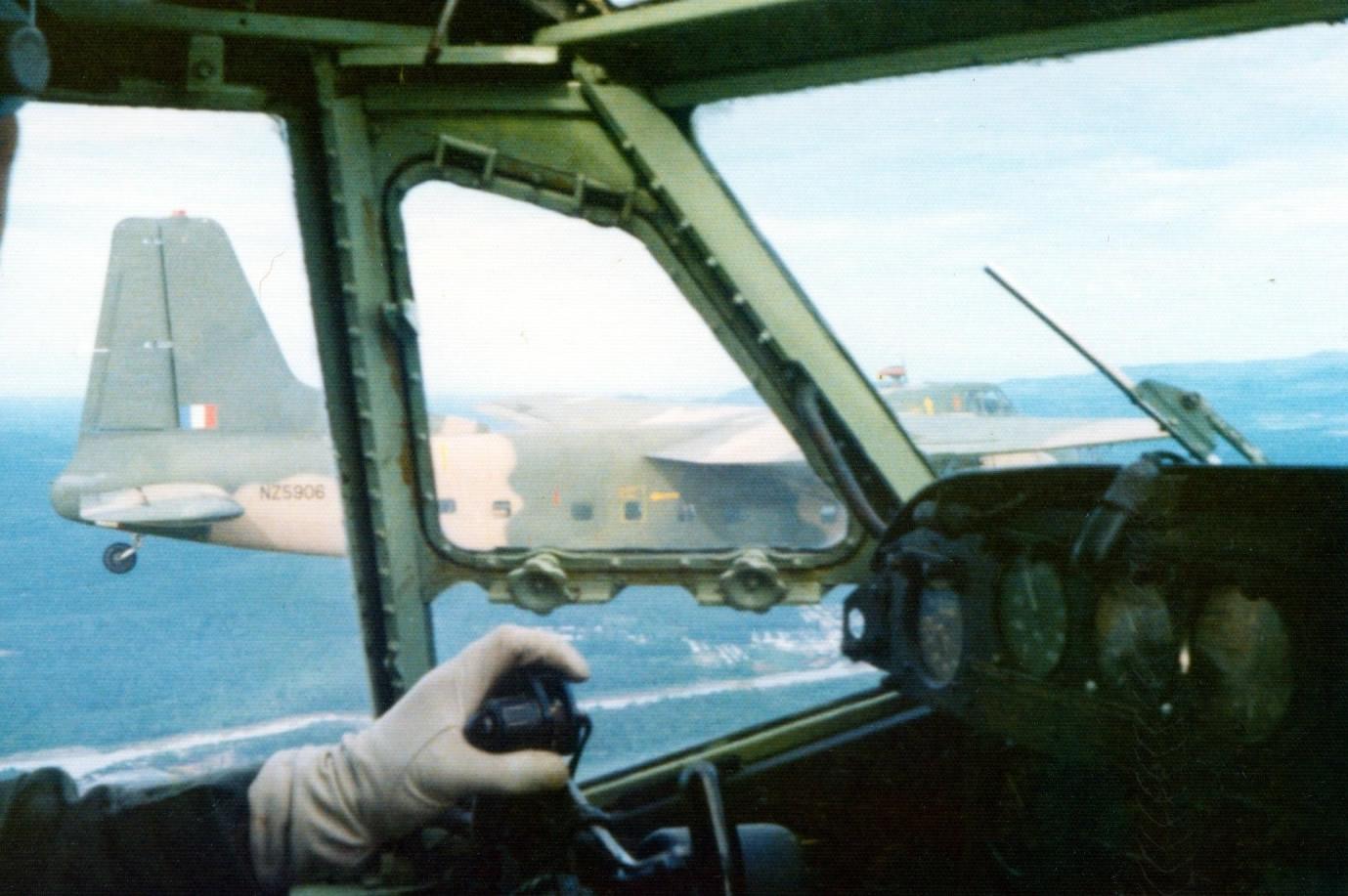 Flt Lt Keith Skilling in Bristol Freighter NZ5912 formates on NZ5906 flown by Flt Lt Den Monti 9 Nov 1973 – photo by Jim Barclay