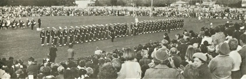 Cook Bi-Centenary, Official Government Parade, Rugby Park – HMNZS Blackpool Guard ‘Beating the Retreat’ - Photo News Special Edition 11 Oct 69