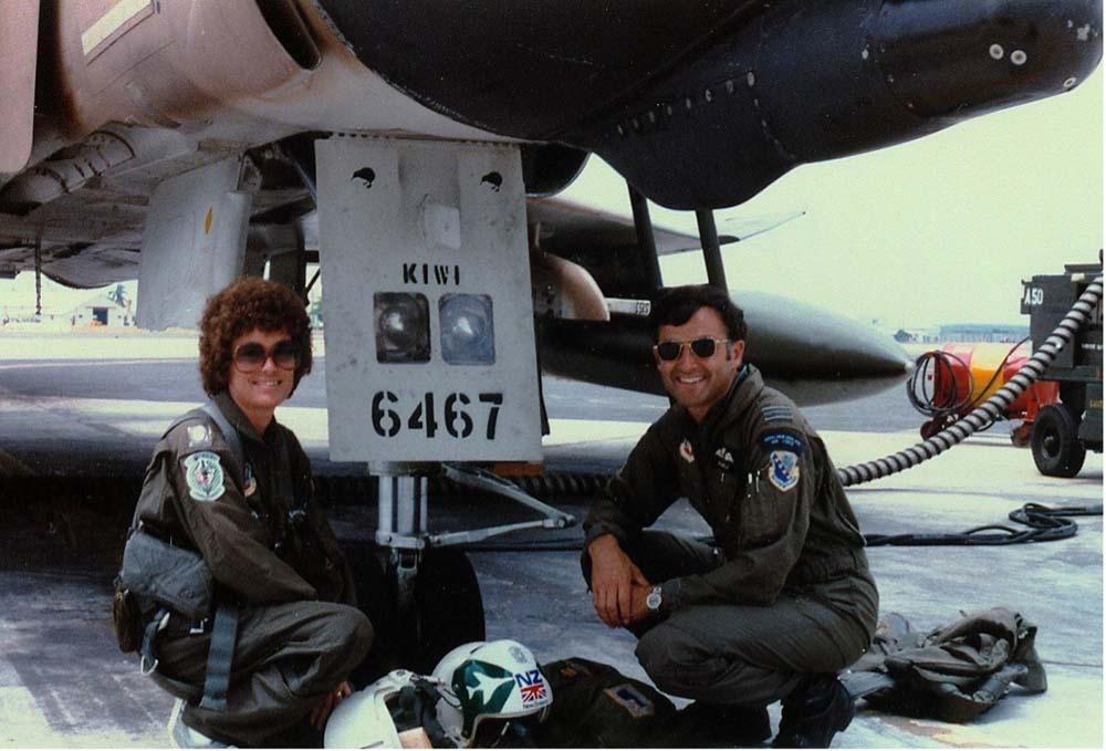 Joanie & Jim Barclay pose under the nose of F4D Phantom 66-467 ‘Kiwi’. Joanie & Jim are wearing Nomex flight suits – Joanie has a 308 TFTS badge on her shoulder and is wearing a Torso harness