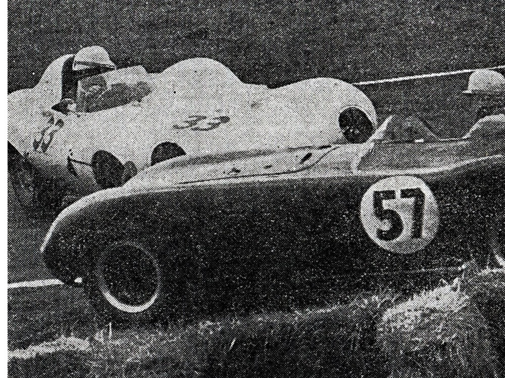 Ardmore 6 Jan 62 – Event 7 Ultimate Ecko Race Car Feature - #33 Simon Taylor spins the Jaguar D-Type, while #57 Ken Smith Cooper-Holden passes by – photo 8 O’Clock newspaper