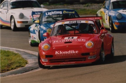 Bill Farmer leads Owen Evans in their Porsche 911 GT2 Le Mans cars Manfeild October 1995 - photo via Bill Farmer