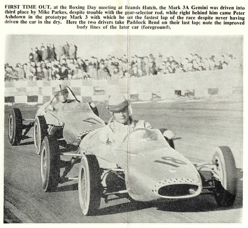 Brands Hatch Boxing Day 1960 - #18 Mike Parkes in the first ‘production’ Gemini Mk3A FJ, followed by#17 Peter Ashdown in the ‘prototype’ Gemini Mk3 – photo ‘The Motoring News’ 9 February 1961