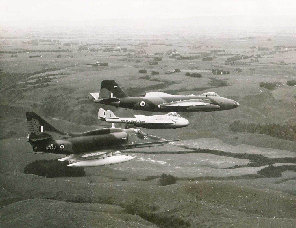 Near Ohakea on 14th July 1970 – Canberra B (i) 12 NZ6110 Flt Lt Gavin Trethewey (pilot) and Flt Lt Mike Hill (Nav), DH Vampire FB5 NZ57570 Fg Off Jim Barclay, Skyhawk A4K NZ6201 Fg Off Murray Abel - photo RNZAF G3-3655