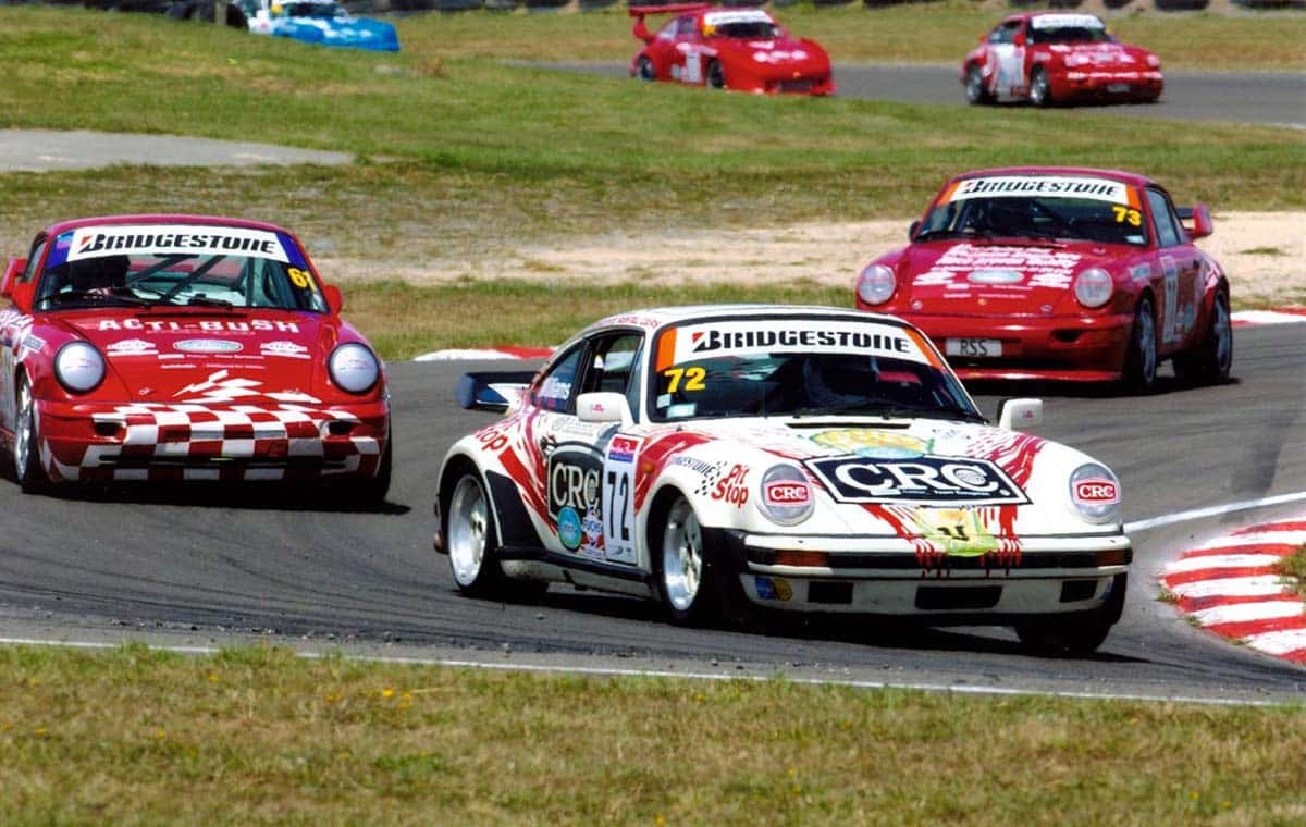 Bridgestone-Porsche Club NZ Championship – Manfeild circa 1999 #72 Ray Williams Porsche 930 Turbo, #61 Steven Neville Porsche 911 Cup Car, #73 Jon Warring Porsche RSR spec photo Stew Wood