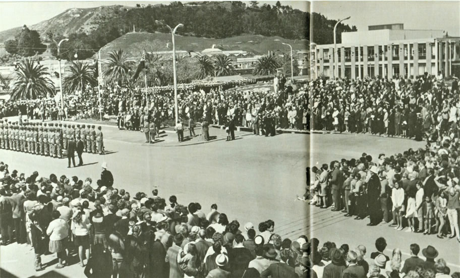Cook Bi-Centenary, Civic Parade, Endeavour Park, Gladstone Road, Gisborne. For the flypast the Vampires curved in from behind the bush-clad hill in the back of the photo - Photo News Special Edition 11 Oct 69