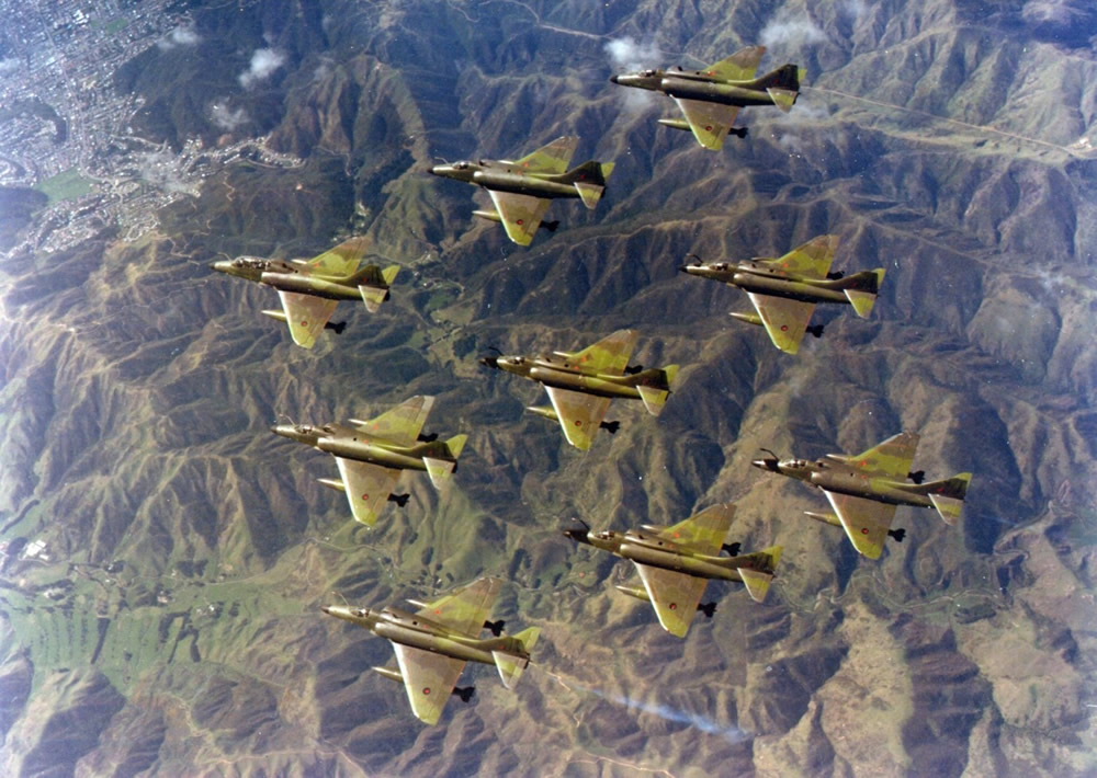Skyhawk Diamond Nine formation heading back to Ohakea after the Dress Rehearsal flypast on 31 Mar 87 for the RNZAF 50th Anniversary Parade and flypast to be held at Wigram on 1 Apr 87. Photo RNZAF C227/87