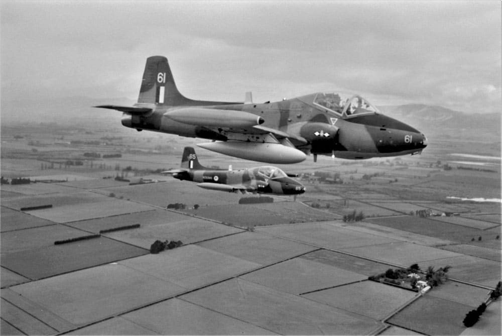 Ex Falcons Roost 15 Hokitika – Strikemaster NZ6361 is fitted with drop tanks, and NZ6365 – photo RNZAF OH AC130s-14