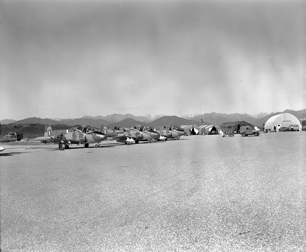 Ex Falcons Roost 15, Hokitika Apr 20th-29th 1982 – Strikemasters NZ6365, 70, and 74 parked on the 14 Sqn Flightline at Hokitika airport, with the tented camp beyond – photo RNZAF OHG1309-82