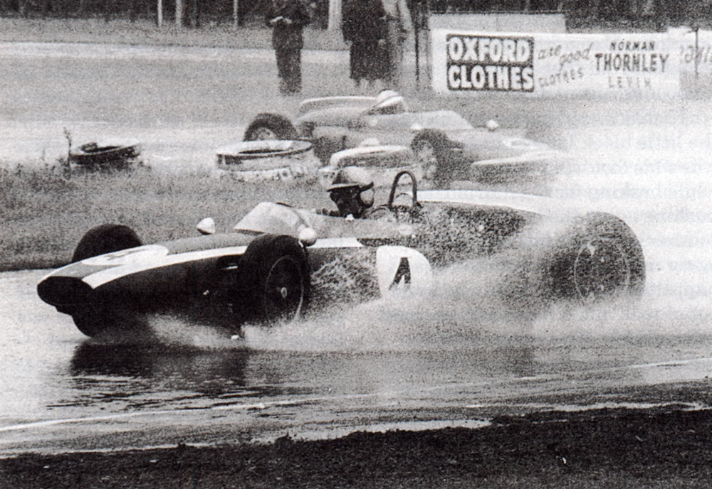 Hairpin Bend, Levin, Saturday 13 January 1962 - #4 Jack Brabham Cooper T55 Climax 2.7 slithering in the rain, ahead of #47 Bruce McLaren Cooper T53 Climax 2.7 photo ‘The Dominion’ in Graham Vercoe’s ‘Golden Era of NZ Motor Racing’ book, page 176