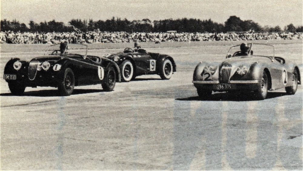 Ohakea 1 Mar 52 – Sports Car Handicap race - #1 Bob Gibbons XK120, #2 Harry Chatteris XK120, #9 Frank Shuter Allard-Mercury – photo 1982 Ohakea Reunion programme