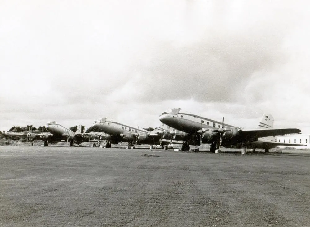 1967 Ohakea – RNZAF Handley Page Hastings CMK3 transport aircraft in long term storage From left NZ5801, NZ5803, NZ5802 – photo Jim Barclay