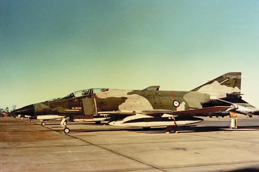 RAAF McDonnell Douglas Phantom II F4E 97201 – RAAF Base Amberley, 10 June 1973 – twenty four brand new F4E aircraft were leased from USA for the period 1970 -1973 while the RAAF awaited delivery of their new F111C aircraft in mid-1973 - Jim Barclay photo