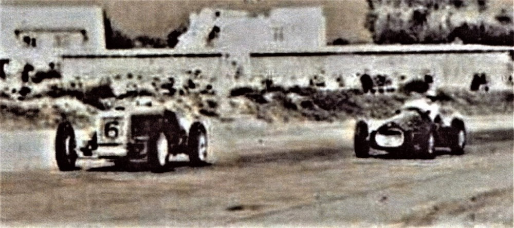 Levin 22 Oct 56 - into the Main Straight – #6 R.E. Ellis Ford Jaguar Special and Tom Clark HWM-Alta. Photo ‘unknown’ in Jim Barclay Collection