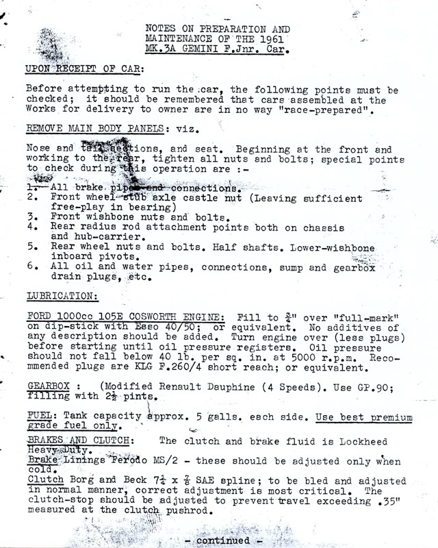 Notes On Preparation and maintenance of the 1961 Mk 3A Gemini F Jnr car