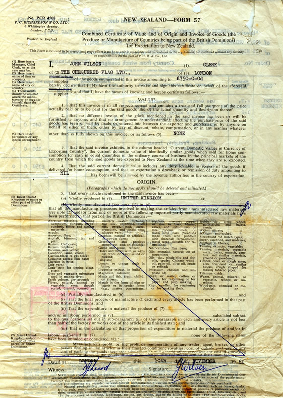 NZ Government Form 57 –Combined Certificate of Value and of Origin and Invoice of Goods for Exportation to New Zealand – page 1