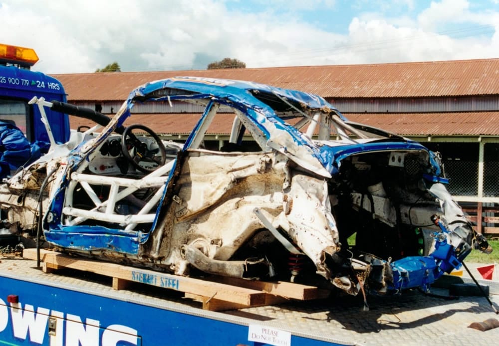 The remains of Owen’s Porsche 911 GT Le Mans Turbo after the high speed crash on 2 Jun 96. The car was on display at Manfeild on 9 Nov 96 - Photo Jim Barclay