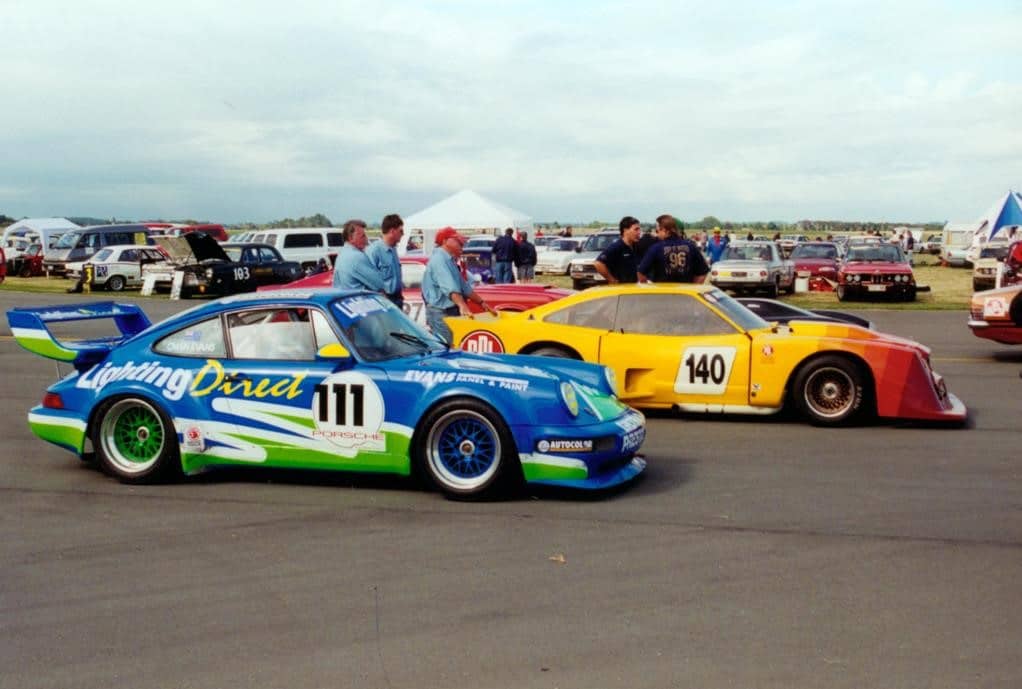 Owen’s Porsche before modification for the LSR attempt - 1996 RNZAF Ohakea ‘Wings & Wheels’ 10th March 1996 – #111 Owen Evans Porsche 911 GT Le Mans Turbo & #140 Peter Stewart PDL2 Mustang photo Jim Barclay photo by Power Pictures in Spiel mag May/Jun 96