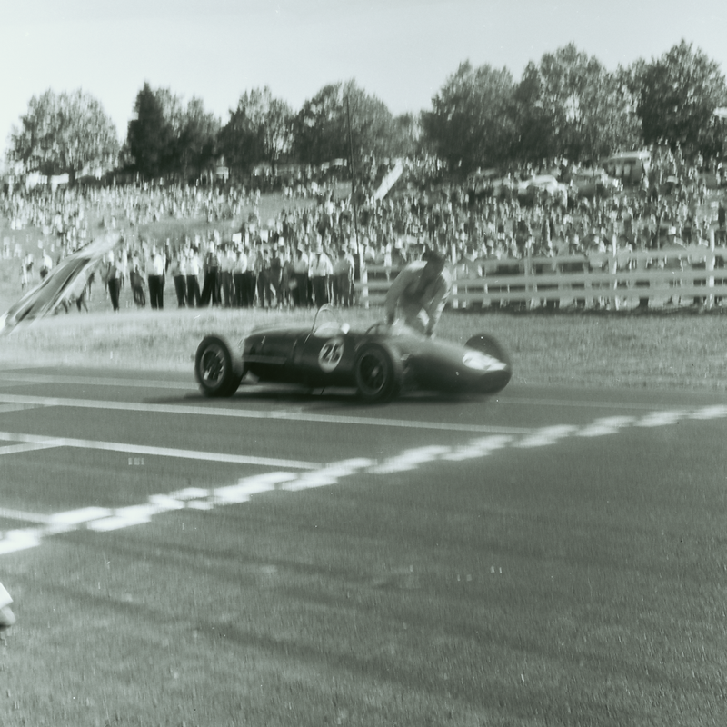 Pukekohe 5th January 1963 – Rex Flowers pushes his Gemini across the finish line to be classified 5th in the NZIGP – photo by Jack Inwood in Bruce McLaren Trust Collection sheet 273-02