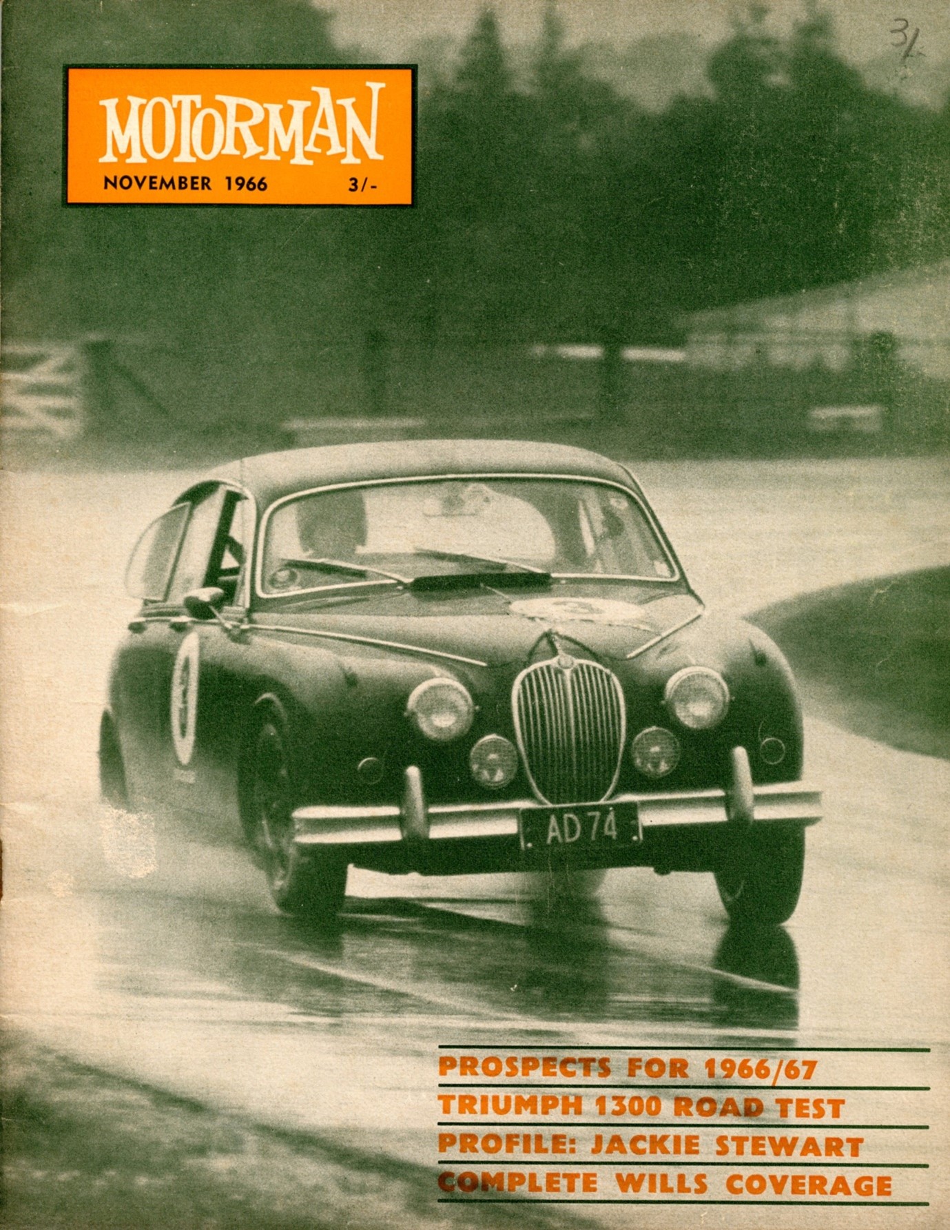 Pukekohe 8 Oct 66 – Will Six-Hour – “The spray flies on a wet streaming Pukekohe circuit as Ray Archibald takes the winning Jaguar 3.8 through the Esses” – photo & caption Motorman Nov 66