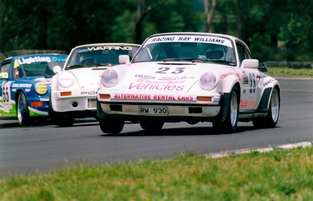 1994 Manfeild 6th April - #23 Ray Williams Porsche 930 Turbo ‘Ivory Beast’, Jon Warring Porsche 911 RSR spec, #55 Owen Evans Porsche 911 Cup Car – photo Stew Woods via Ray Williams