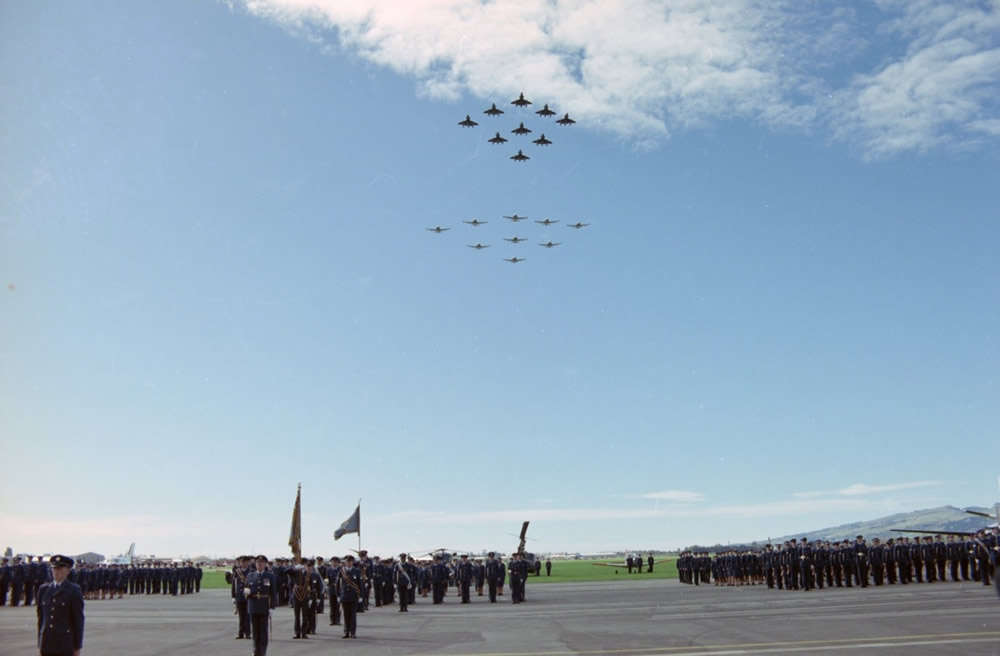 RNZAF Strike Wing flypast comprising 9 Skyhawks and 9 Strikemasters for the RNZAF 50th Anniversary Parade, Wigram. Photo RNZAF PF130-R5-17-87