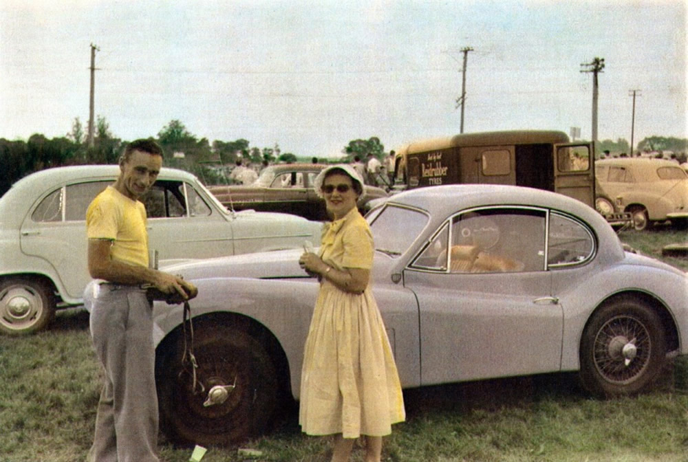 Ryal Bush 16 Feb 57 – Frank and Betty Cantwell with their Jaguar XK140 Fixed Head Coupe – photo Cantwell Collection via Phil Benvin