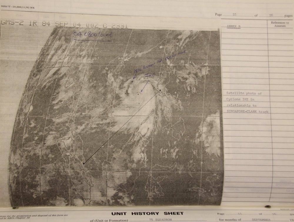 Satellite map for 4 Sep 84 showing Cyclone Ike in relation to our track from Singapore to Philippines – source 75 Sqn Unit History Sep 1984