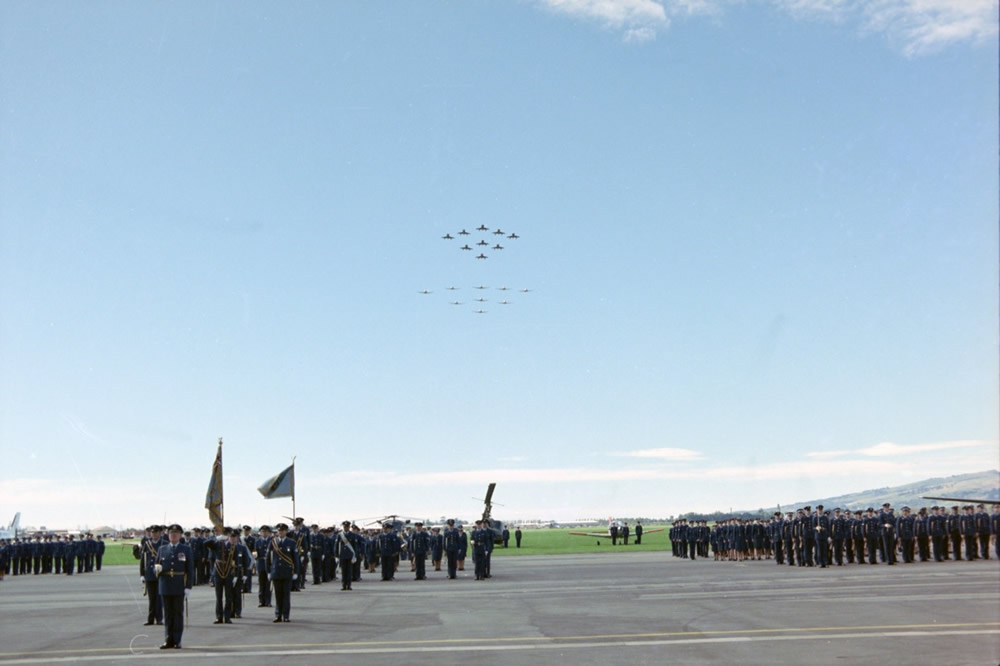 Strike Wing aircraft approaching Wigram airfield from the North East, and the parade to mark the 50th Anniversary of the RNZAF – 1st April 1987 – photo RNZAF PF130-R5-18-87