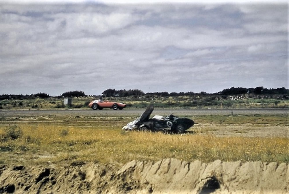 Teretonga 8 Feb 58 – Frank Cantwell’s crashed Tojeiro Jaguar with Pat Hoare’s Ferrari 625 in rear – photo via Phil Benvin