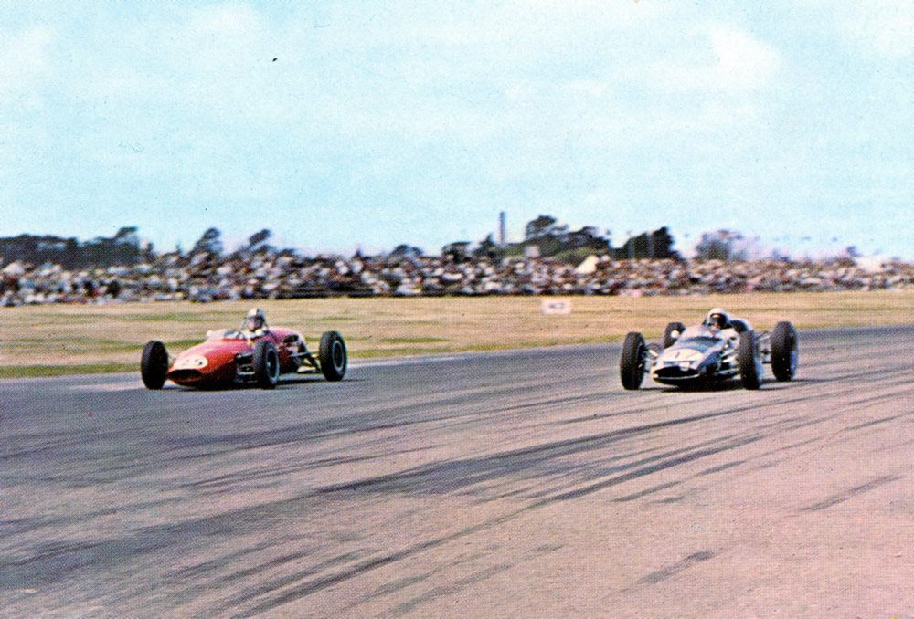 Wigram 19th January 1963 – #25 Rex Flowers Gemini Mk3A Ford, #47 Bruce McLaren Cooper T62 Climax - Photo Euan Sarginson in ‘The Shell Book of NZ Motor Racing 1963’